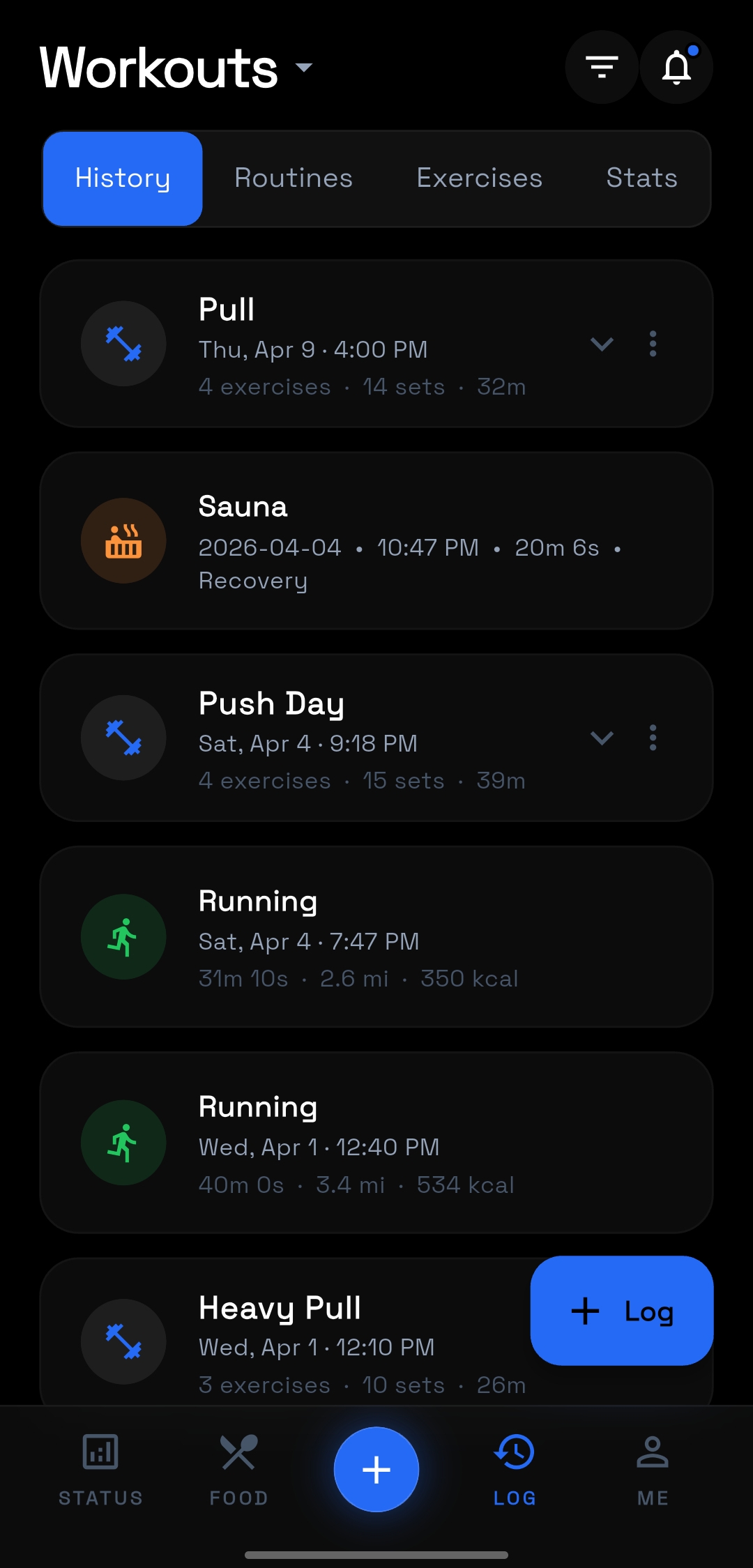 Saker workout history screen